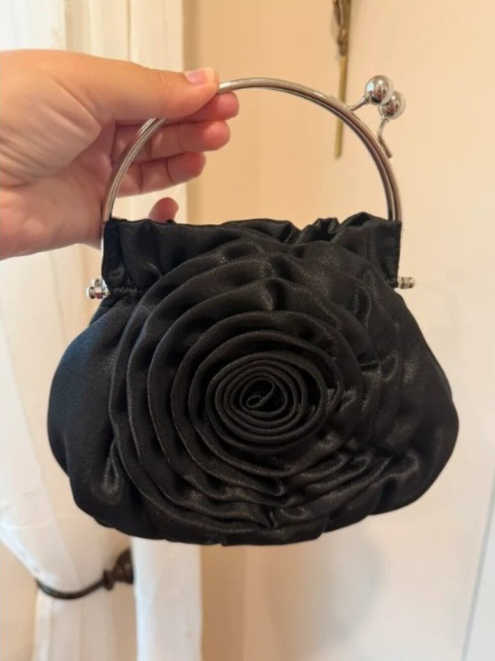 Black Floral Satin Evening Bag - Excellent Condition